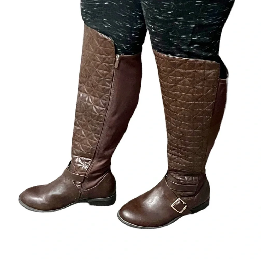 Torrid Brown Faux Leather Quilted Strappy Over Knee-High Boot Size 9W.